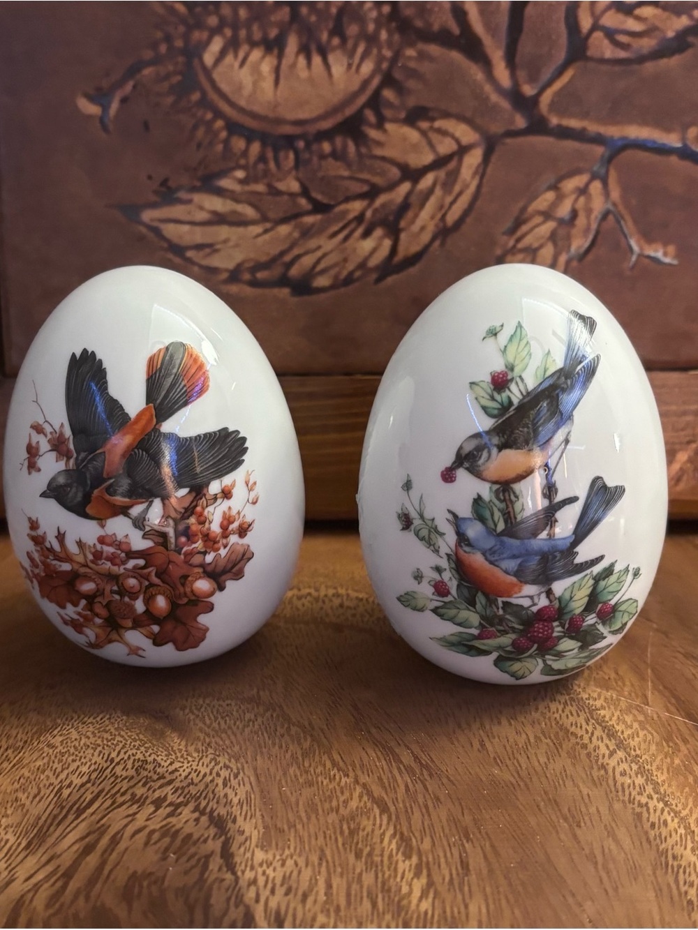 Porcelain Bird Egg Figurines - Blue & Orange Bird Design